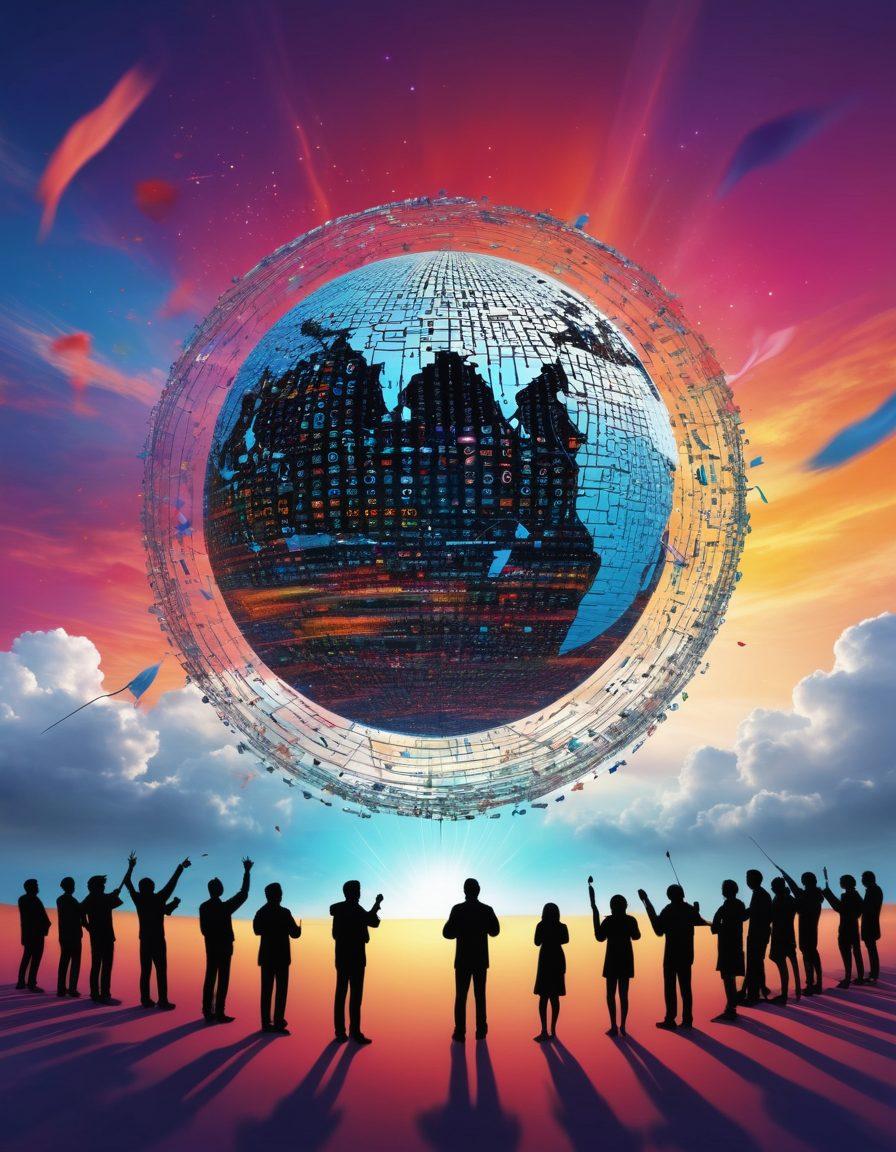 A symbolic depiction of a broken digital chain representing freedom, surrounded by colorful waves of binary code flowing freely in an open sky. In the background, a glowing globe emphasizes the global connection of internet users. Add silhouettes of diverse people celebrating together, holding flags of various countries. The atmosphere is vibrant and uplifting, conveying hope and liberation in the digital age. super-realistic. vibrant colors. white background.