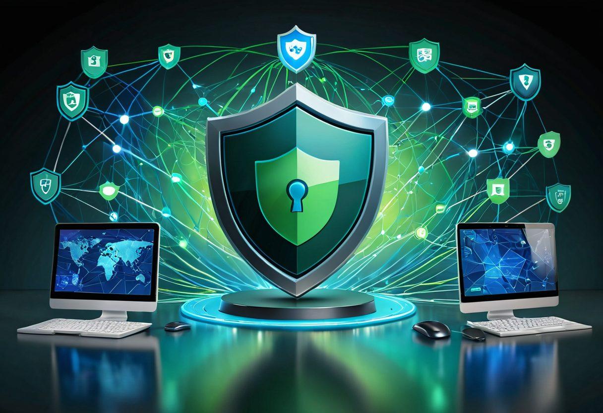 A digital landscape featuring a shield symbolizing privacy, with flowing data streams being protected by VPN and proxy icons. In the background, a network of interconnected devices and a lock to signify security. Soft blue and green tones to evoke trust and safety. super-realistic. vibrant colors. 3D.